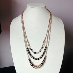 Ann Taylor 3-Strand Black Stone Clear Rhinestones Gold Necklace